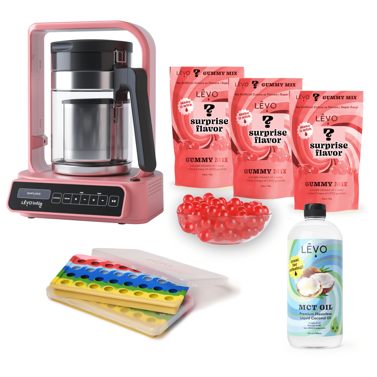 LEVO gummy making bundle with 3 gummy mix packs, MCT oil, and LEVO C machine. Enjoy the art of homemade gummies with LĒVO C and this bundle.