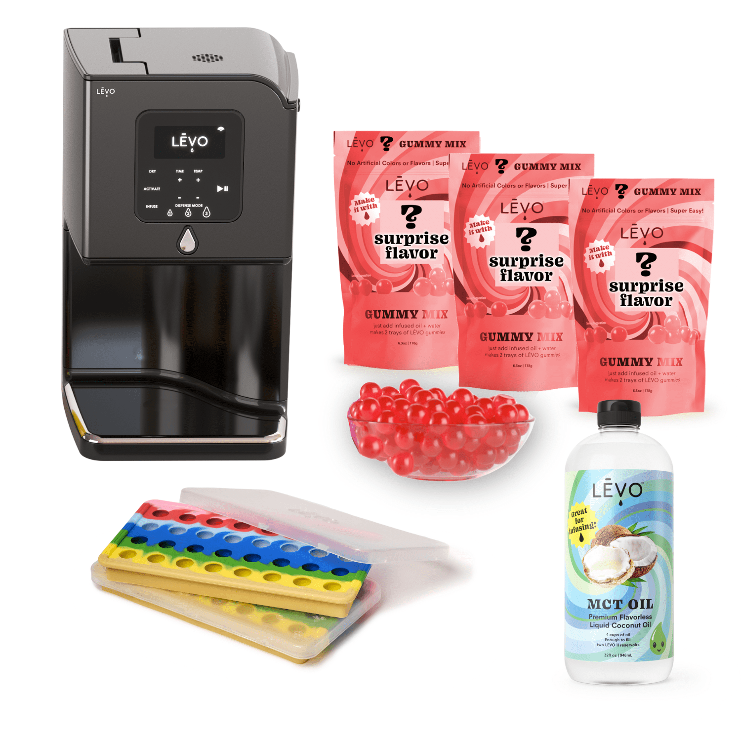 Gummy Edibles Making Kit with LĒVO Lux, MCT Oil, Gummy Candy Silicone Molds, and 3 bags of LEVO Gummy Mix
