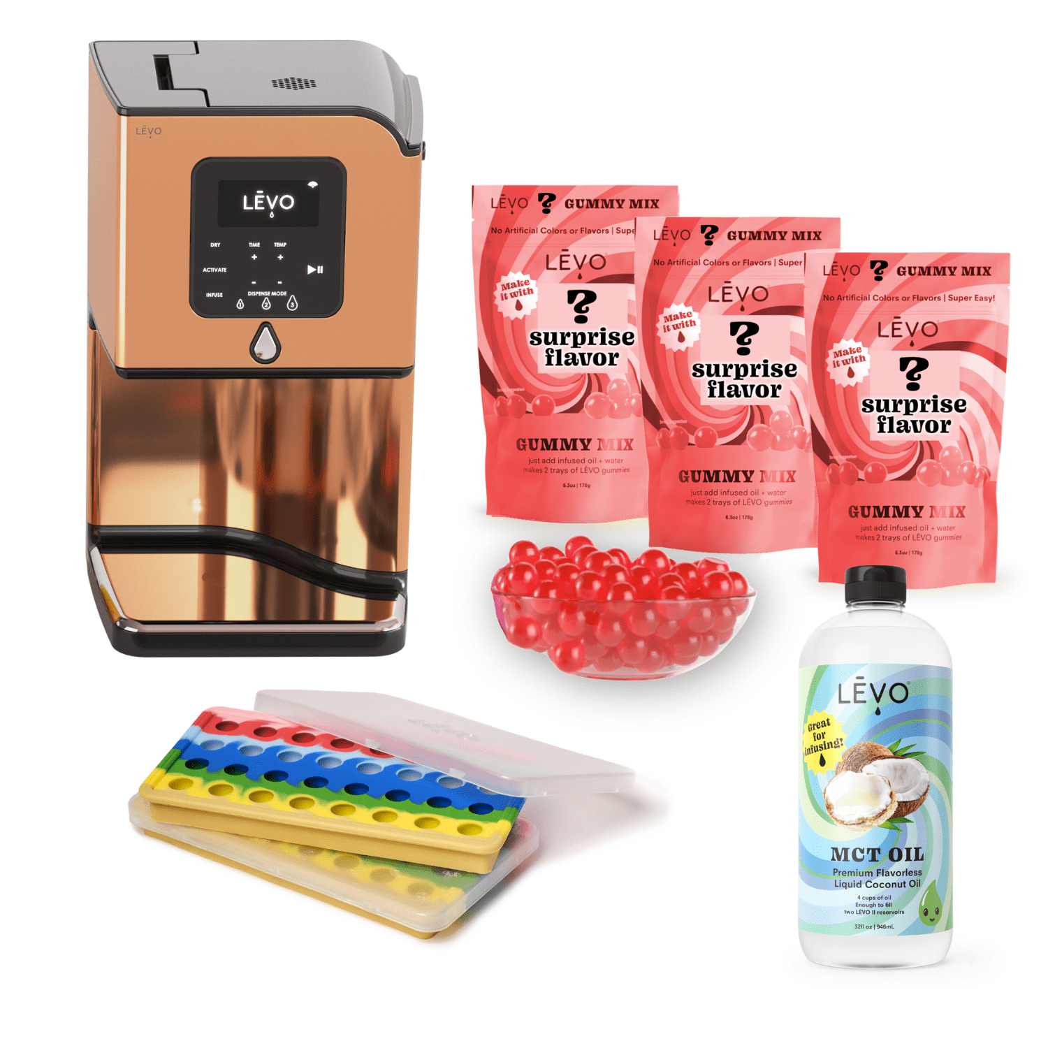 Gummy Edibles Making Kit with LĒVO Lux, MCT Oil, Gummy Candy Silicone Molds, and 3 bags of LEVO Gummy Mix