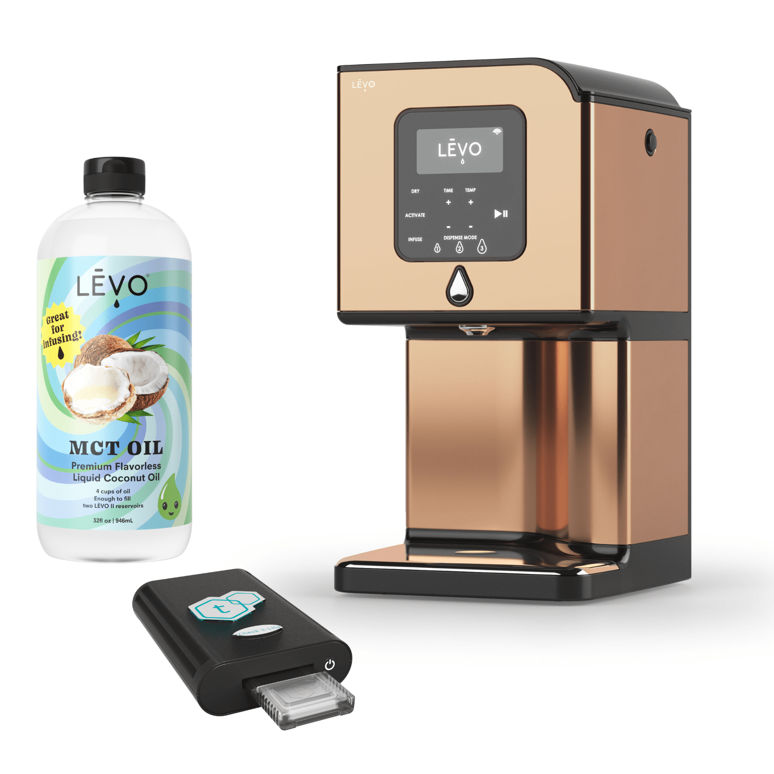 LEVO Lux oil infuser with tCheck 3 potency testing device and LEVO MCT Oil. LĒVO Lux x tCheck Potency Tester Bundle: Infuse and test with precision.