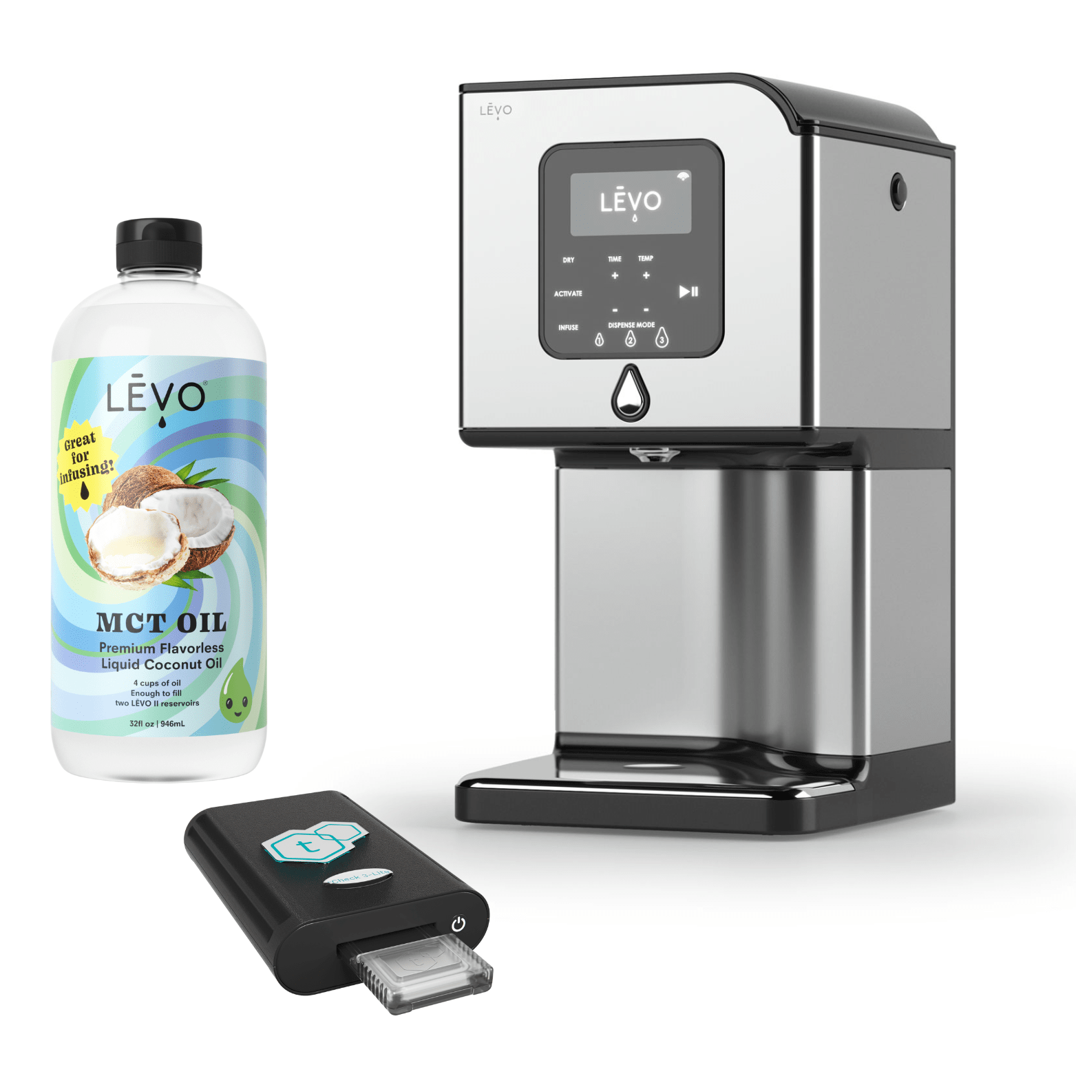 LEVO Lux oil infuser with tCheck 3 potency testing device and LEVO MCT Oil. LĒVO Lux x tCheck Potency Tester Bundle: Infuse and test with precision.