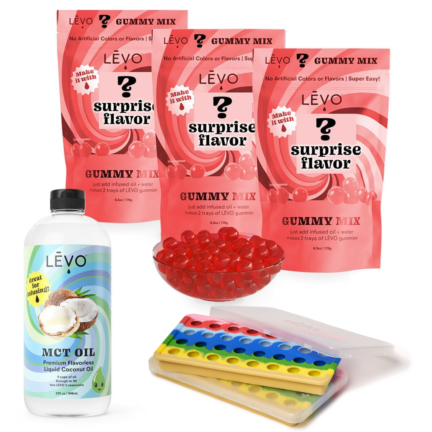 Gummy Making Edibles Kit by LEVO with three mystery gummy flavors. Gummy Edibles Making Kit - Create your own infused gummies with this comprehensive kit, featuring 3 mystery flavors of gummy mix, MCT oil, and silicone gummy molds.