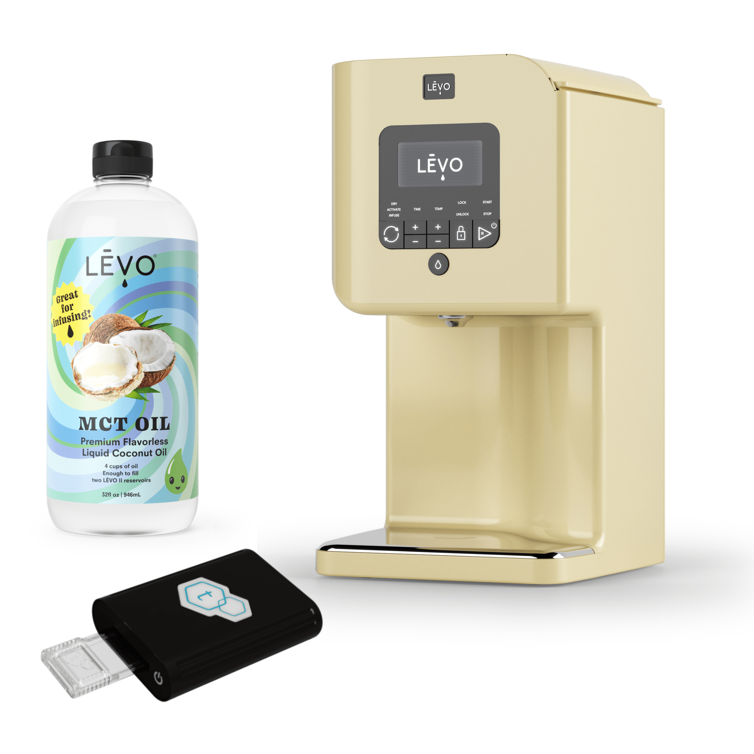 LEVO II oil infuser with tCheck potency testing device and LEVO MCT Oil. LĒVO C x tCheck Potency Tester Bundle: Infuse and test with precision.