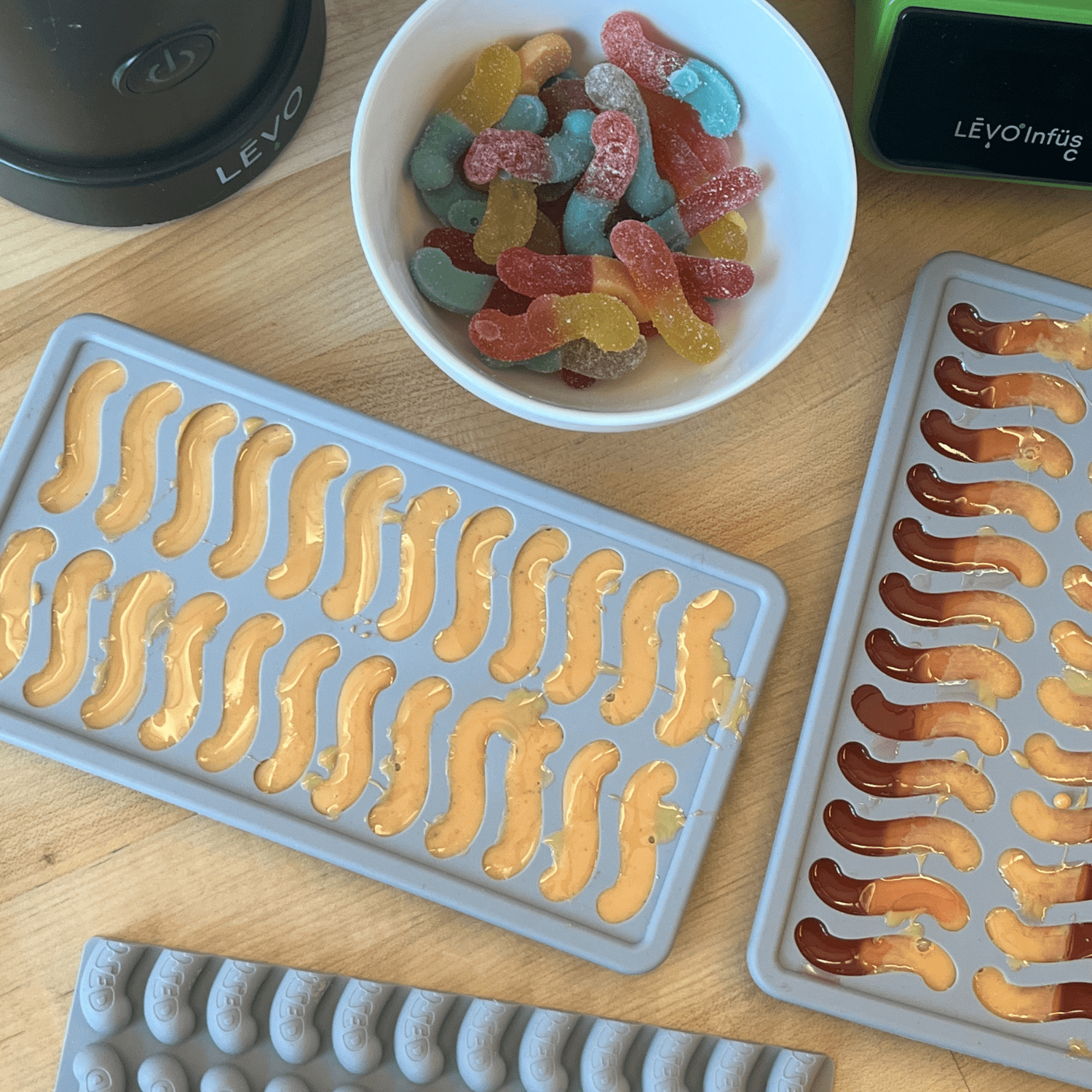 LEVO Gummy Worm Mold with two toned gummy mix and finished gummy worms in a bowl.