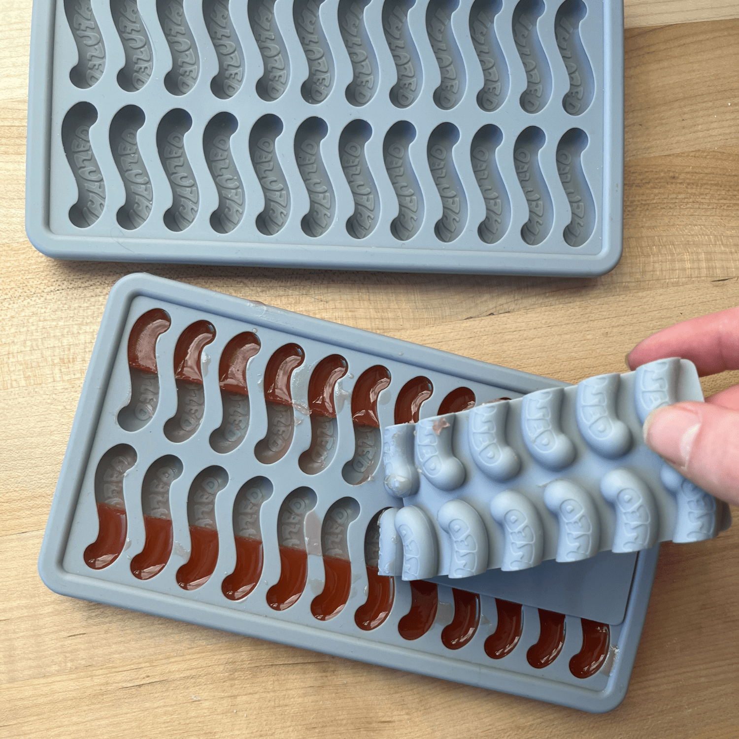 LEVO Gummy Worm Mold with insert divider for two toned gummies.