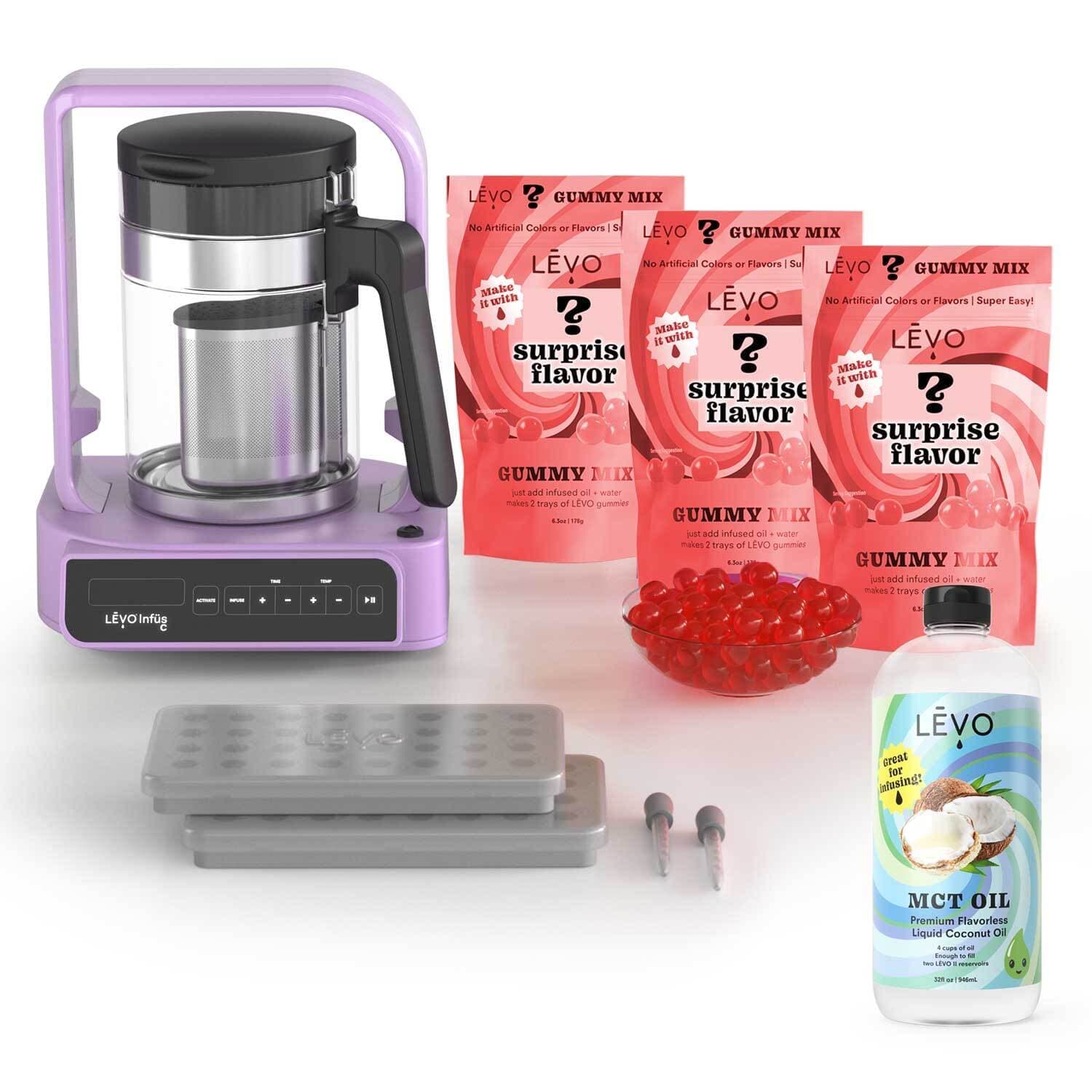 LEVO gummy making bundle with 3 gummy mix packs, MCT oil, and LEVO C machine. Make professional-grade gummies with LĒVO C Gummy Edibles Kit in Lavender.