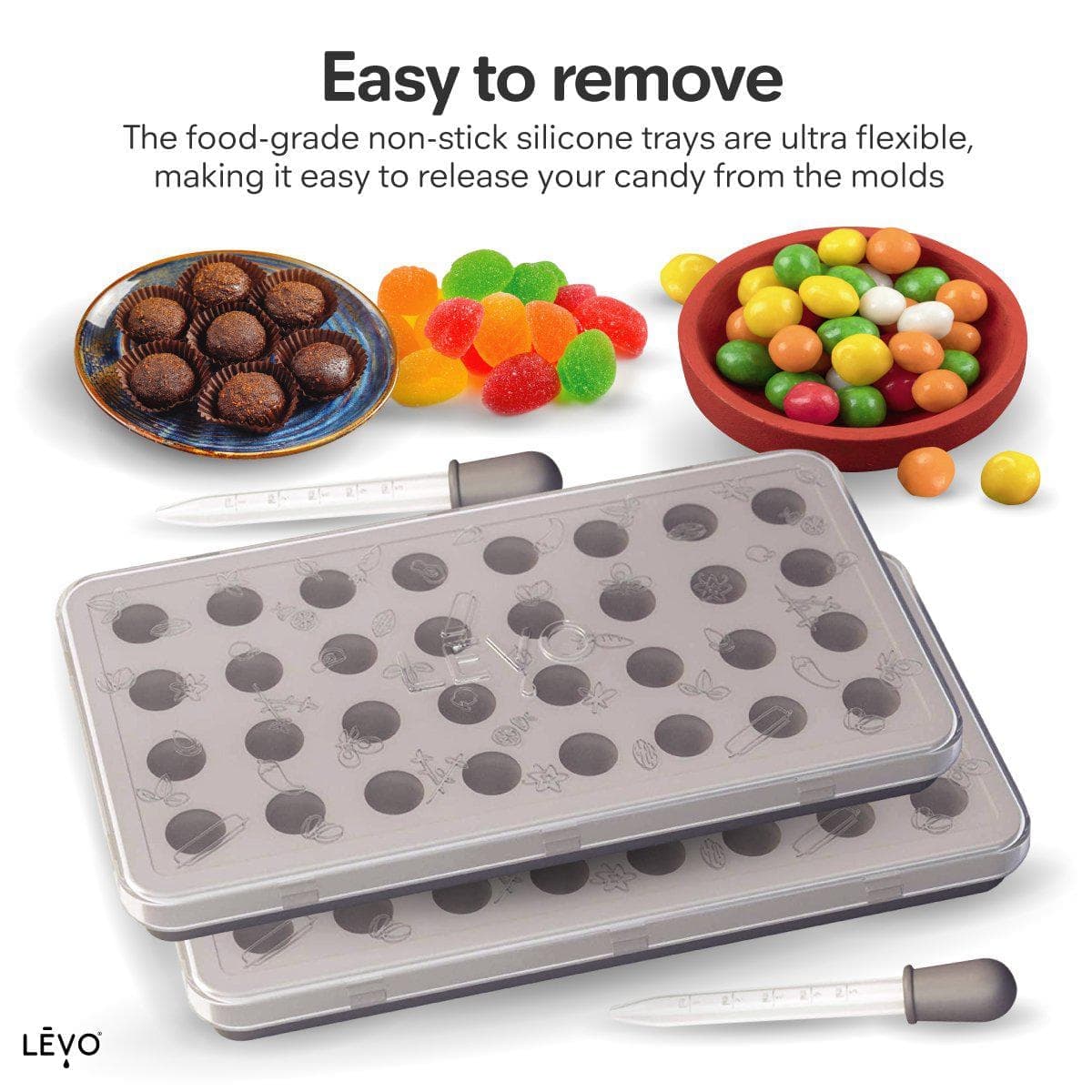 Easy to remove your gummies and candies in the food-grade non-stick silicone tray. Ultra flexible, making it easy to release your candy from the molds. Versatile Candy Making - Make gummies, chocolates, hard candy, and more with these versatile silicone molds. Easy Release Design - The non-stick silicone tray ensures easy removal of your gummies and candies without any hassle.