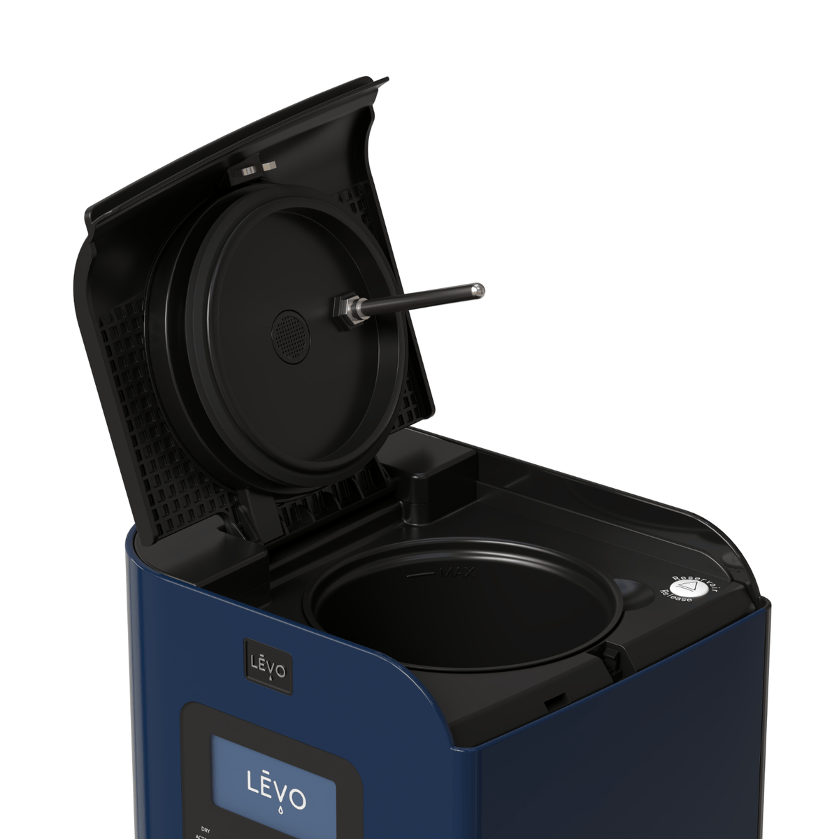 LĒVO II+ in Midnight Blue with the lid open, showing the reservoir #Color_Midnight Blue