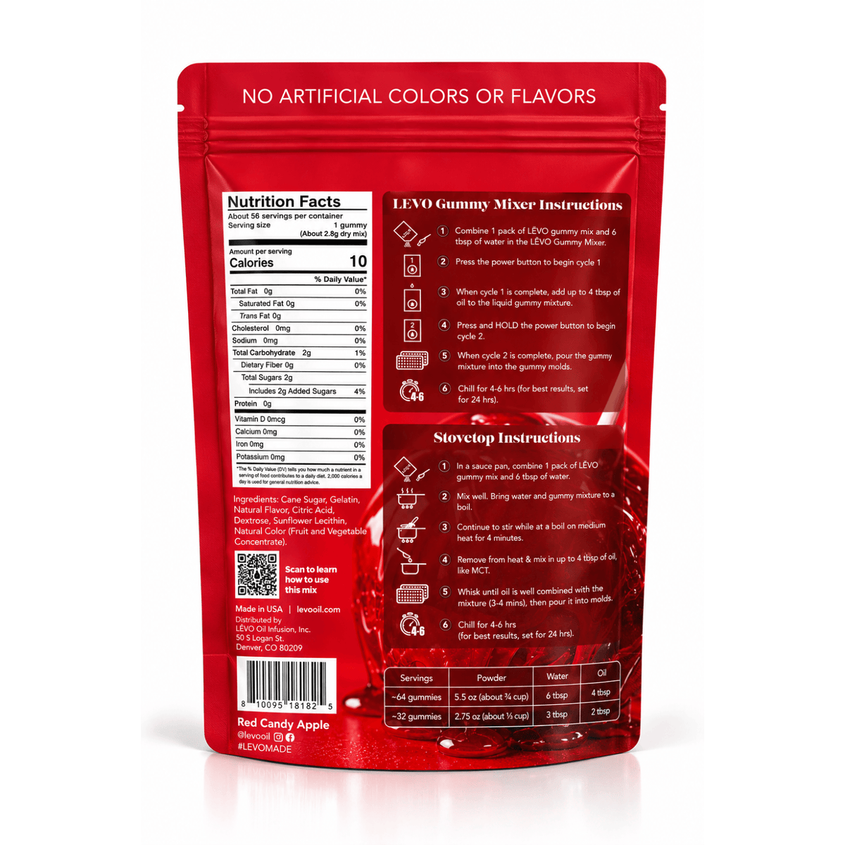 Red Candy Apple Gummy Mix pouch back with nutrition facts and mixer and stovetop instructions