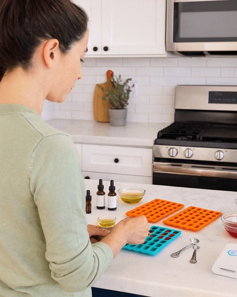 Making homemade gummies at the kitchen counter