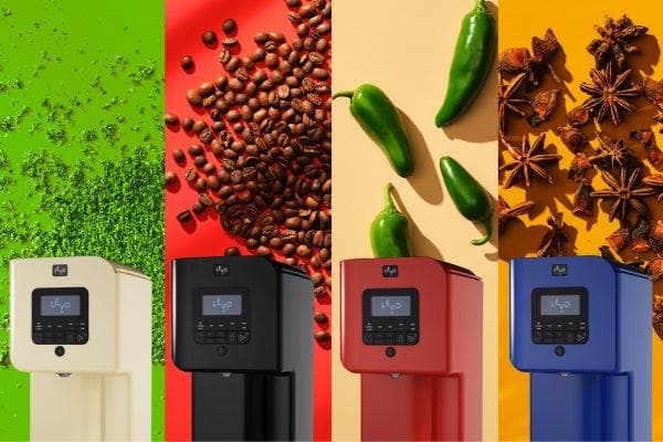 Four LĒVO II+ machines in front of coffee, chili and spice backdrops