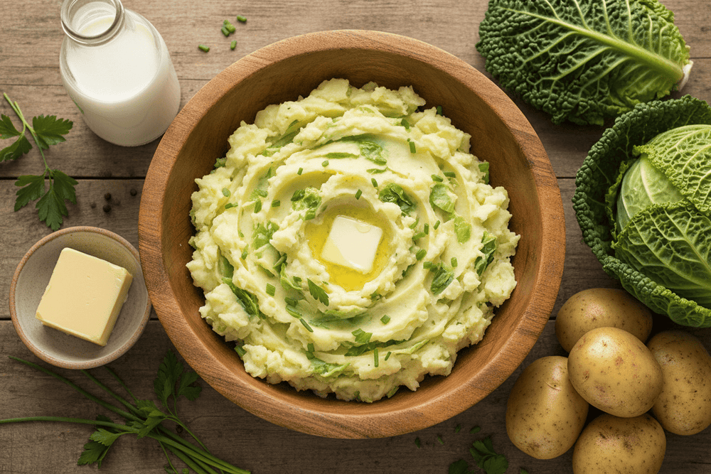 Birdseye view of bowl of colcannon with a well of butter, surrounded by milk, butter, potatoes and cabbage.