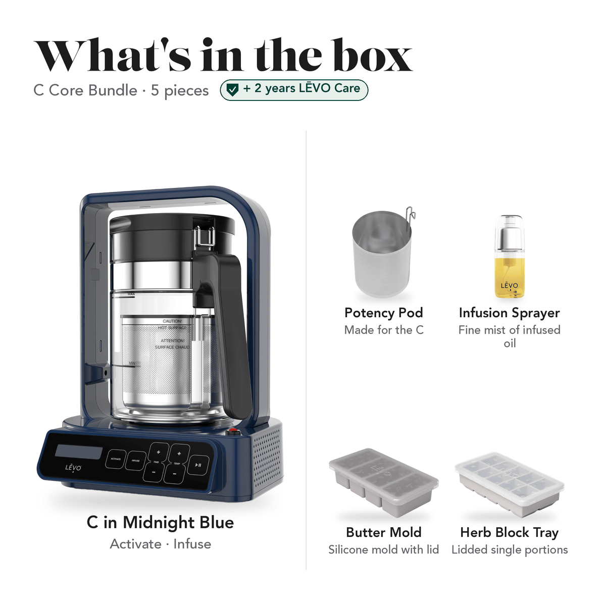 LĒVO C Core Bundle in Midnight Blue: what's in the box, 5 pieces: LĒVO C, C Potency Pod, Infusion Sprayer, Silicone Butter Mold and Herb Block Tray, plus 2 years of LĒVO Care