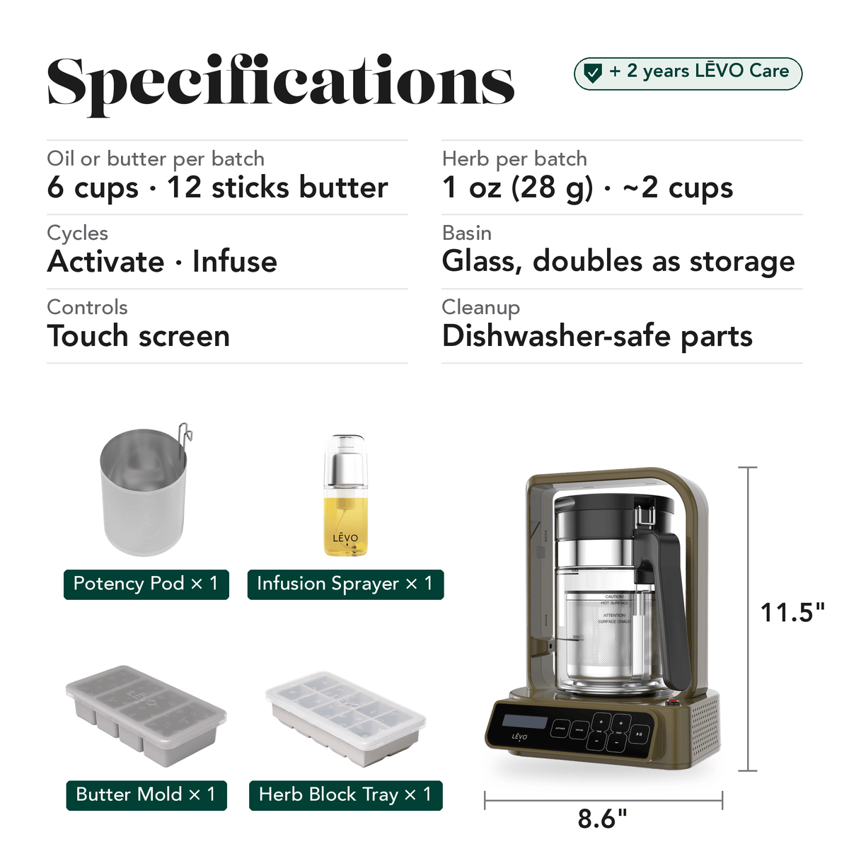 LĒVO C Core Bundle in Chestnut Brown specifications, contents and machine dimensions