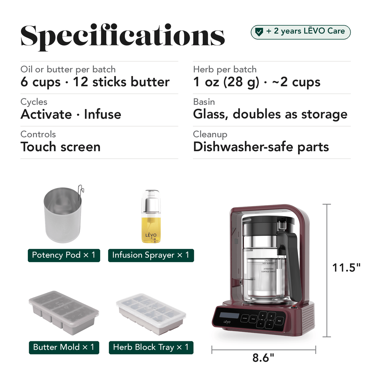 LĒVO C Core Bundle in Mulberry Red specifications, contents and machine dimensions