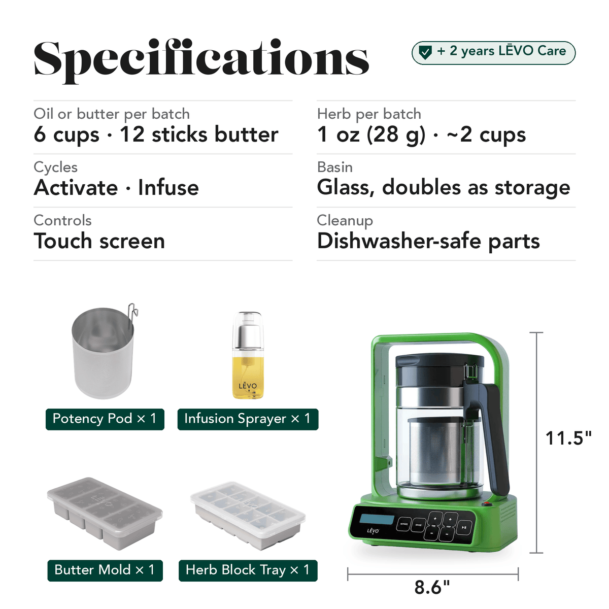 LĒVO C Core Bundle in Olive Green specifications, contents and machine dimensions