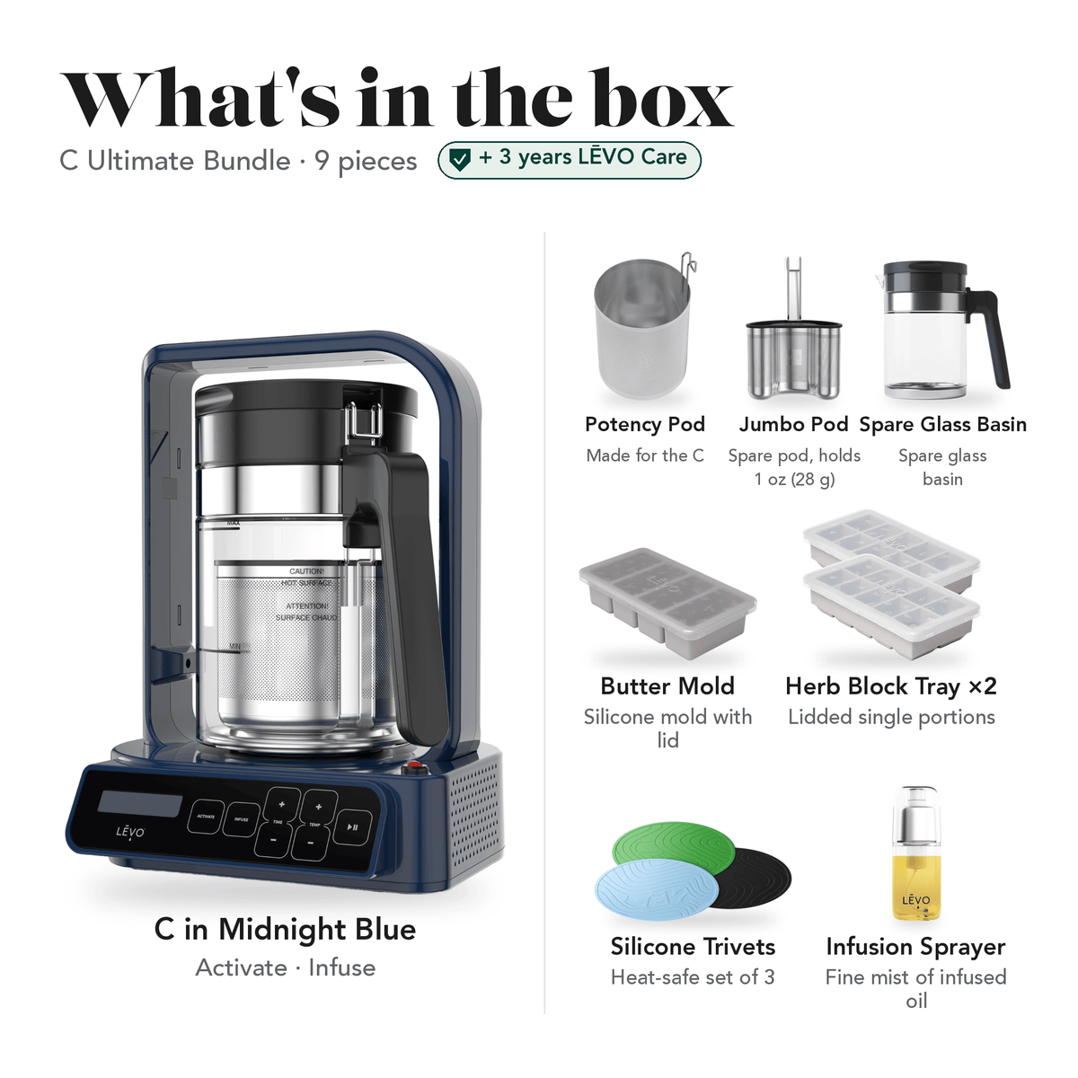 LĒVO C Ultimate Bundle in Midnight Blue: what's in the box, 9 pieces: LĒVO C, C Potency Pod, spare Jumbo Pod, spare Glass Basin, Silicone Butter Mold, two Herb Block Trays, Silicone Trivets and Infusion Sprayer, plus 3 years of LĒVO Care