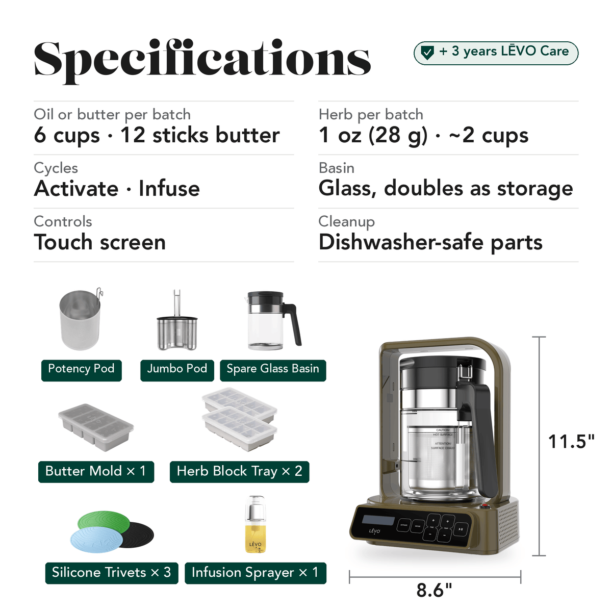 LĒVO C Ultimate Bundle in Chestnut Brown specifications, contents and machine dimensions