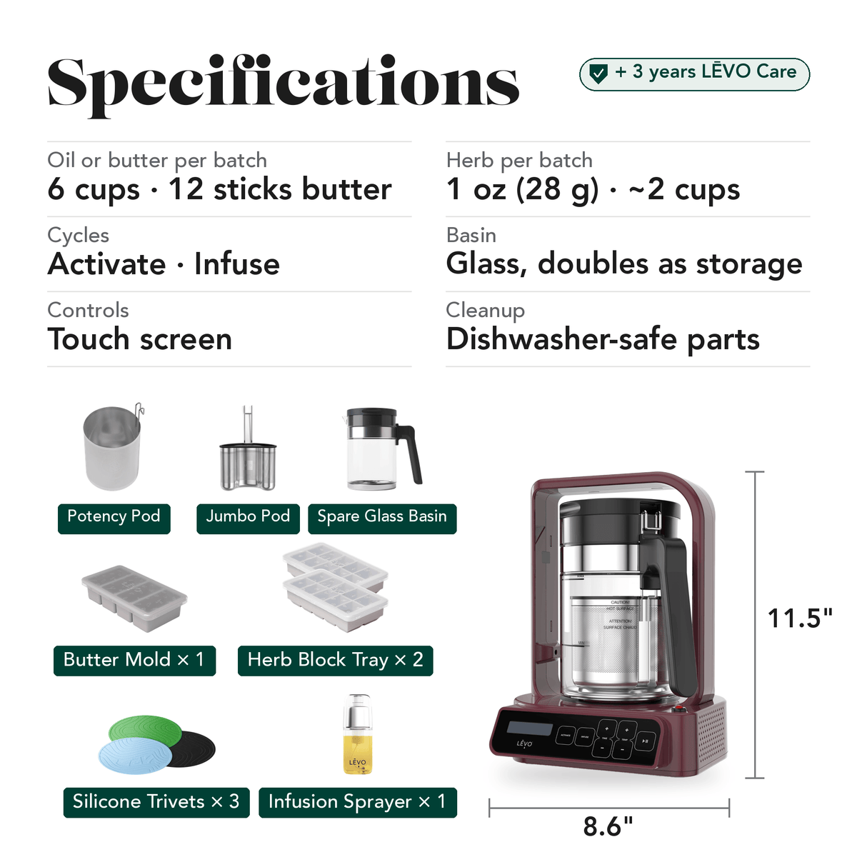 LĒVO C Ultimate Bundle in Mulberry Red specifications, contents and machine dimensions