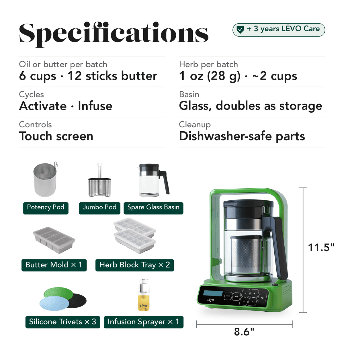 LĒVO C Ultimate Bundle in Olive Green specifications, contents and machine dimensions