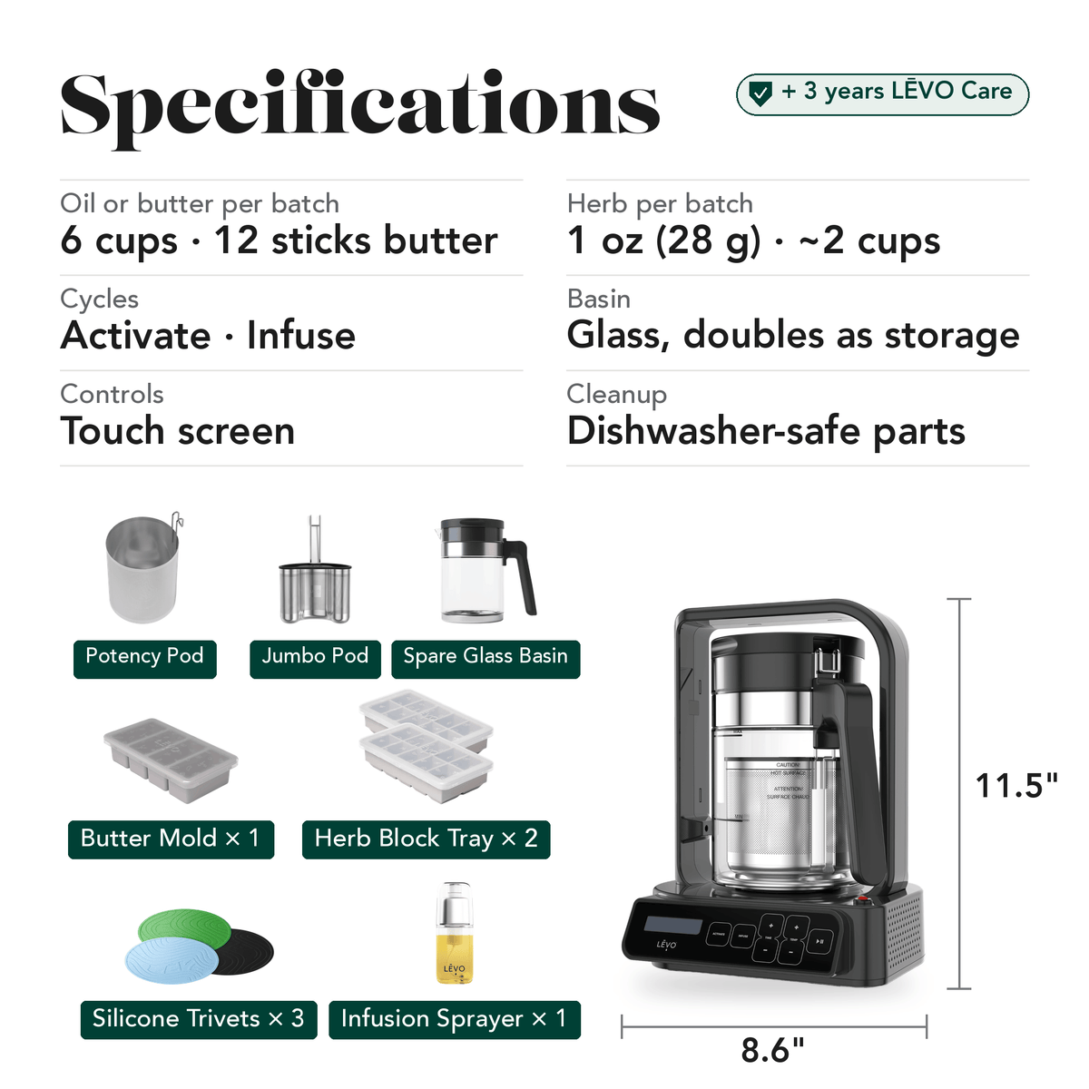 LĒVO C Ultimate Bundle in Truffle Grey specifications, contents and machine dimensions