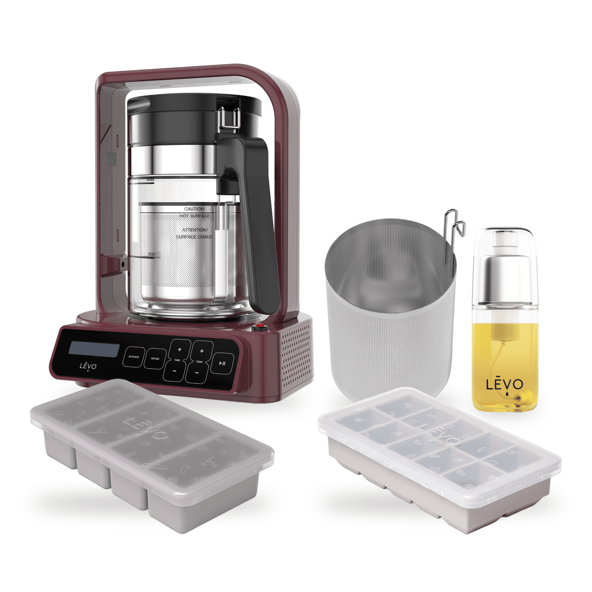 LĒVO C Core Bundle in Mulberry Red with the C Potency Pod, Infusion Sprayer, Silicone Butter Mold and Herb Block Tray