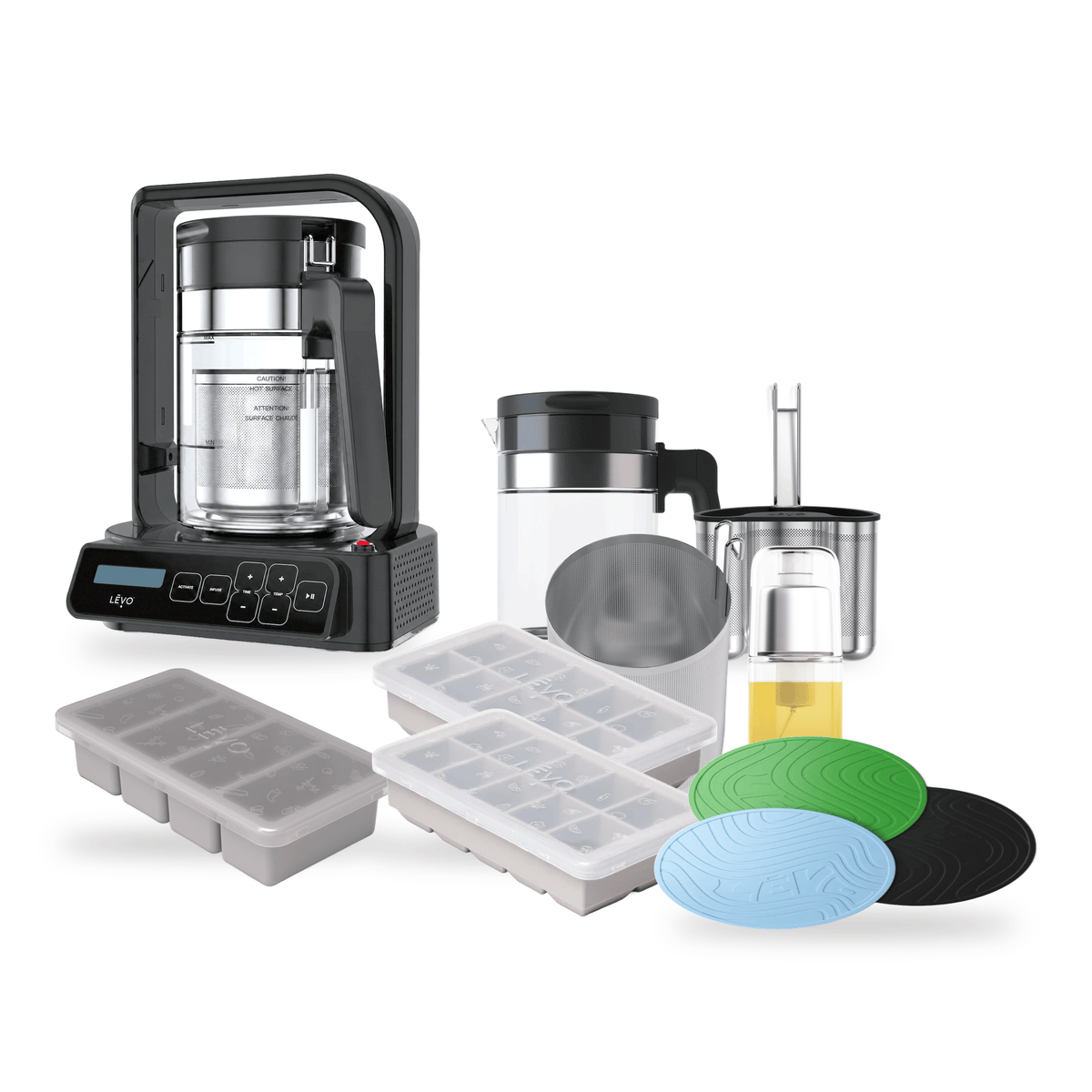 LĒVO C Ultimate Bundle in Licorice Black with the C Potency Pod, spare Jumbo Pod, spare Glass Basin, Silicone Butter Mold, two Herb Block Trays, Silicone Trivets and Infusion Sprayer #LĒVO C — Color_Licorice Black