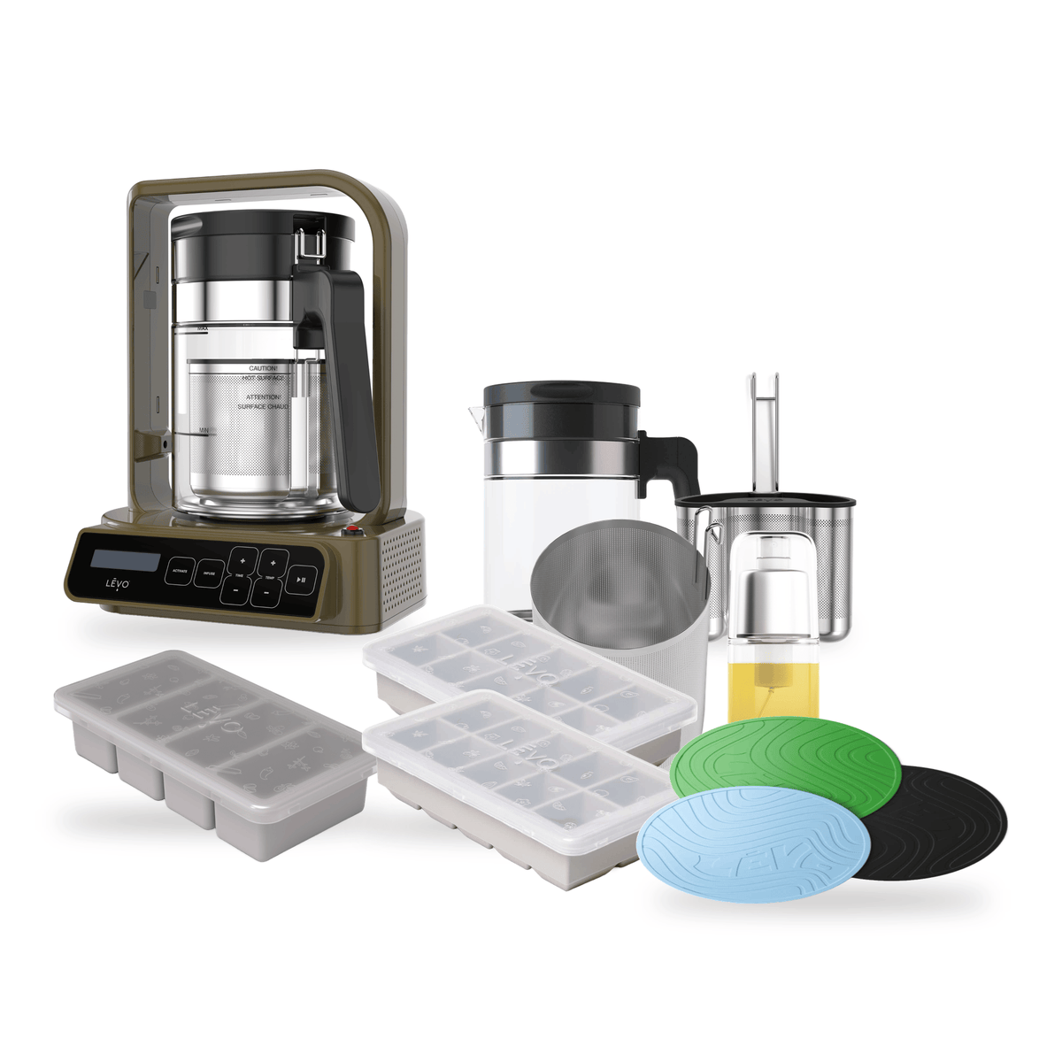 LĒVO C Ultimate Bundle in Chestnut Brown with the C Potency Pod, spare Jumbo Pod, spare Glass Basin, Silicone Butter Mold, two Herb Block Trays, Silicone Trivets and Infusion Sprayer