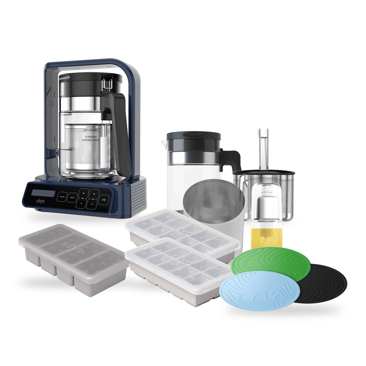 LĒVO C Ultimate Bundle in Midnight Blue with the C Potency Pod, spare Jumbo Pod, spare Glass Basin, Silicone Butter Mold, two Herb Block Trays, Silicone Trivets and Infusion Sprayer