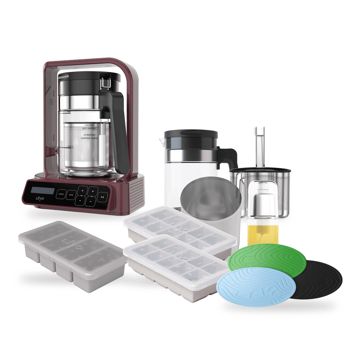 LĒVO C Ultimate Bundle in Mulberry Red with the C Potency Pod, spare Jumbo Pod, spare Glass Basin, Silicone Butter Mold, two Herb Block Trays, Silicone Trivets and Infusion Sprayer