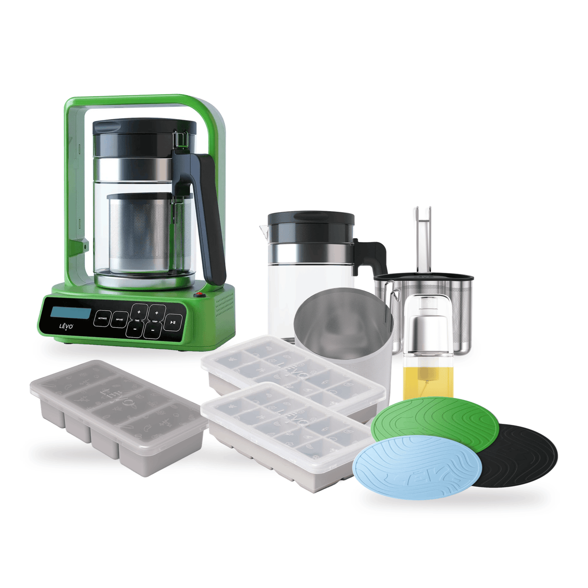 LĒVO C Ultimate Bundle in Olive Green with the C Potency Pod, spare Jumbo Pod, spare Glass Basin, Silicone Butter Mold, two Herb Block Trays, Silicone Trivets and Infusion Sprayer