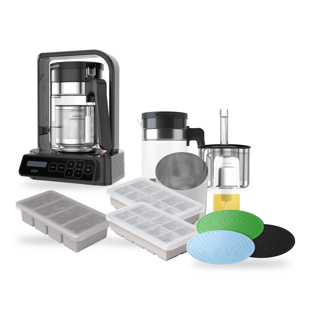 LĒVO C Ultimate Bundle in Truffle Grey with the C Potency Pod, spare Jumbo Pod, spare Glass Basin, Silicone Butter Mold, two Herb Block Trays, Silicone Trivets and Infusion Sprayer