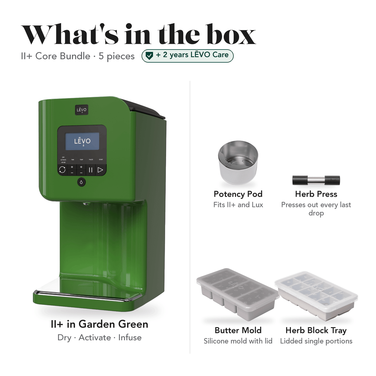 LĒVO II+ Core Bundle in Garden Green: what's in the box, 5 pieces: LĒVO II+, Potency Pod, Herb Press, Silicone Butter Mold and Herb Block Tray, plus 2 years of LĒVO Care