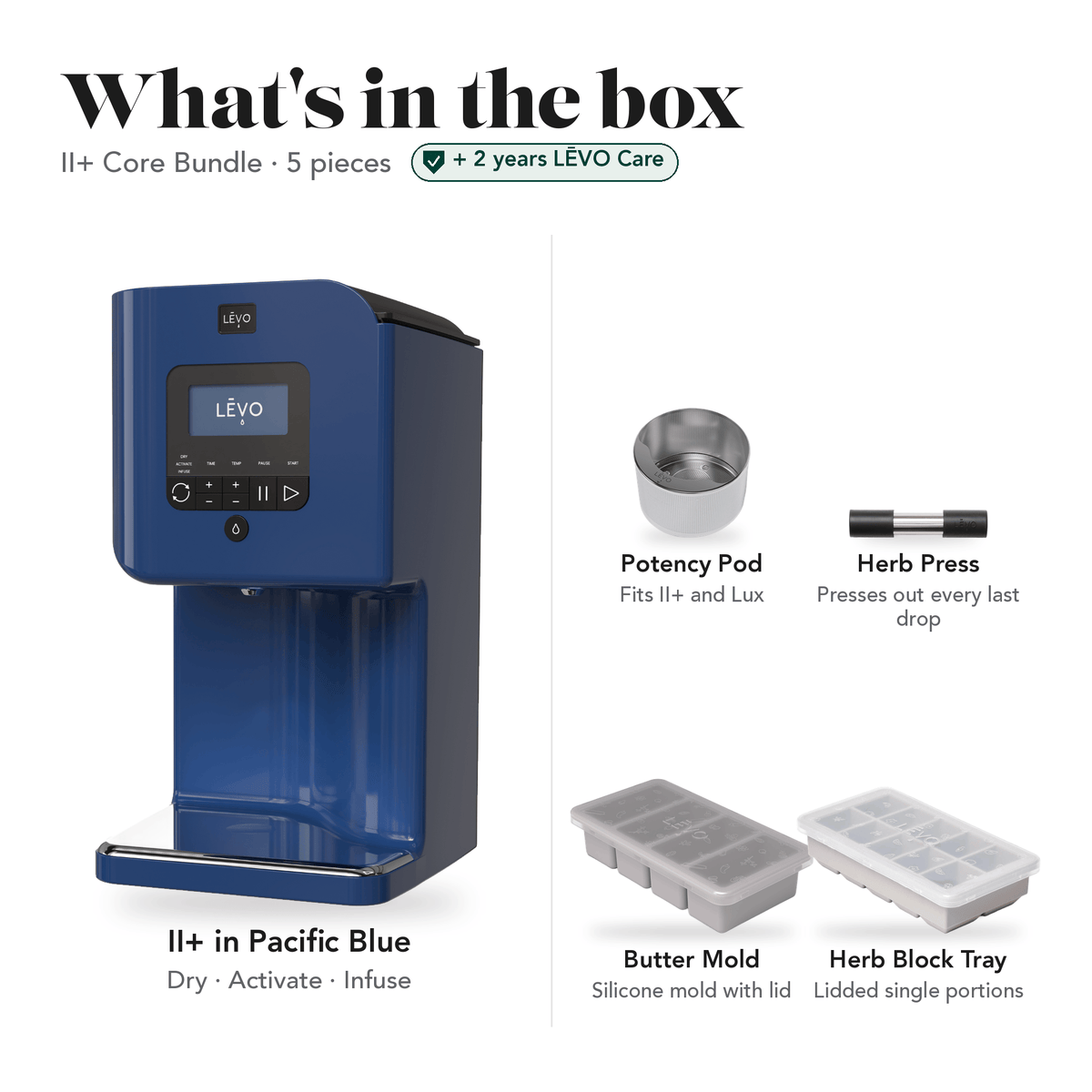 LĒVO II+ Core Bundle in Pacific Blue: what's in the box, 5 pieces: LĒVO II+, Potency Pod, Herb Press, Silicone Butter Mold and Herb Block Tray, plus 2 years of LĒVO Care