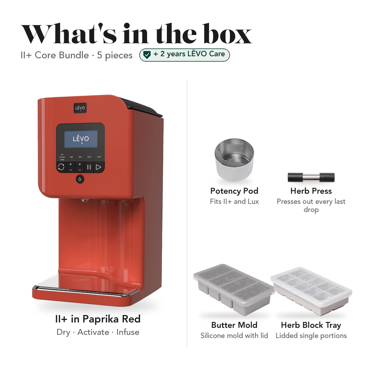 LĒVO II+ Core Bundle in Paprika Red: what's in the box, 5 pieces: LĒVO II+, Potency Pod, Herb Press, Silicone Butter Mold and Herb Block Tray, plus 2 years of LĒVO Care