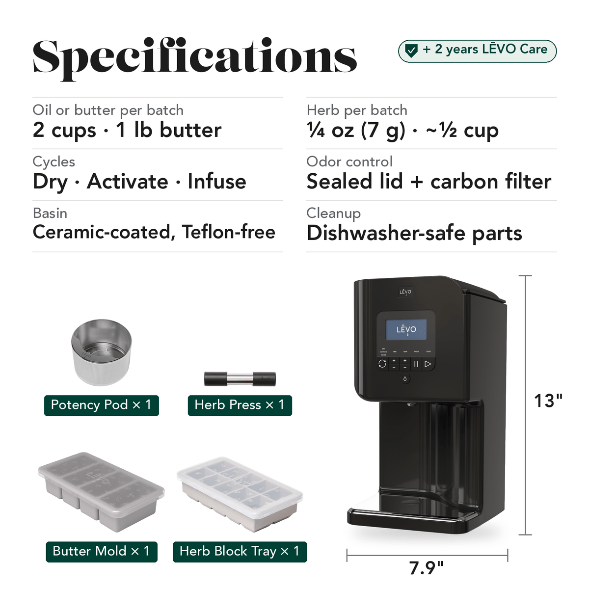 LĒVO II+ Core Bundle in Licorice Black specifications, contents and machine dimensions