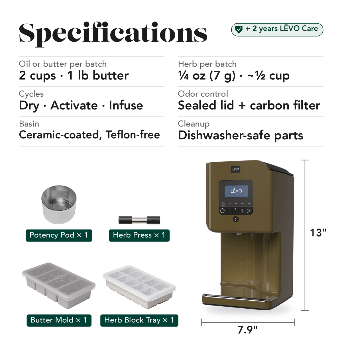 LĒVO II+ Core Bundle in Chestnut Brown specifications, contents and machine dimensions