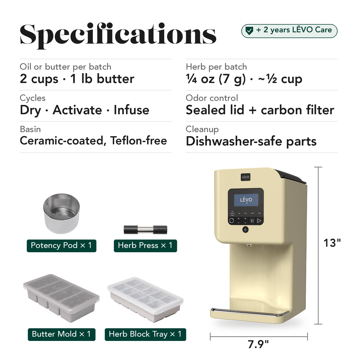 LĒVO II+ Core Bundle in Honey Cream specifications, contents and machine dimensions