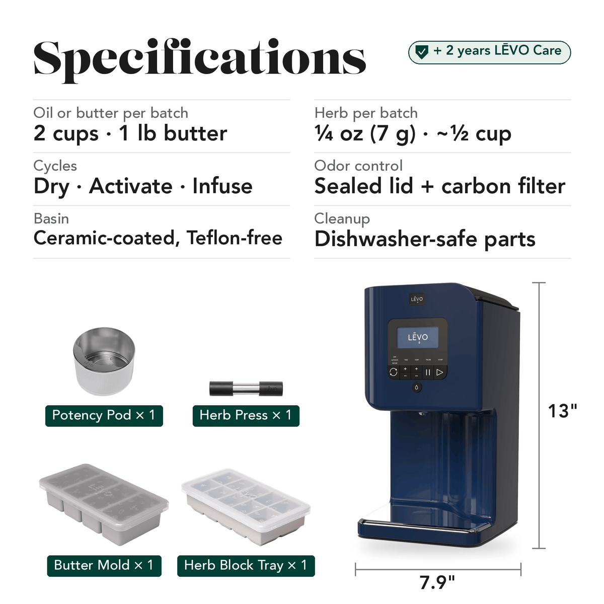 LĒVO II+ Core Bundle in Midnight Blue specifications, contents and machine dimensions