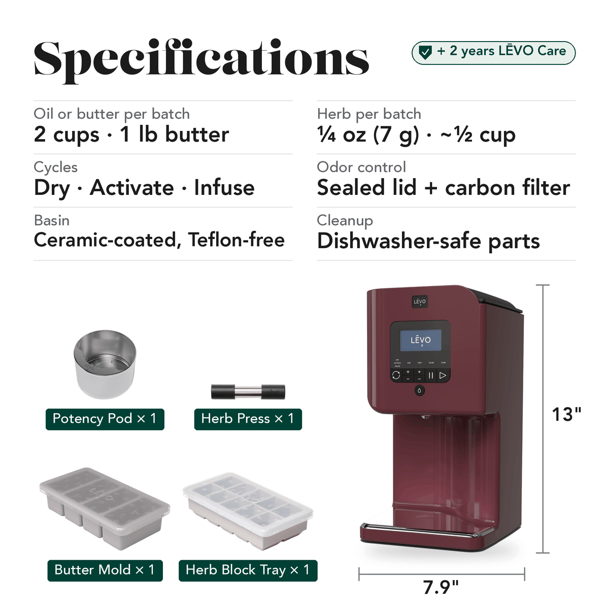 LĒVO II+ Core Bundle in Mulberry specifications, contents and machine dimensions