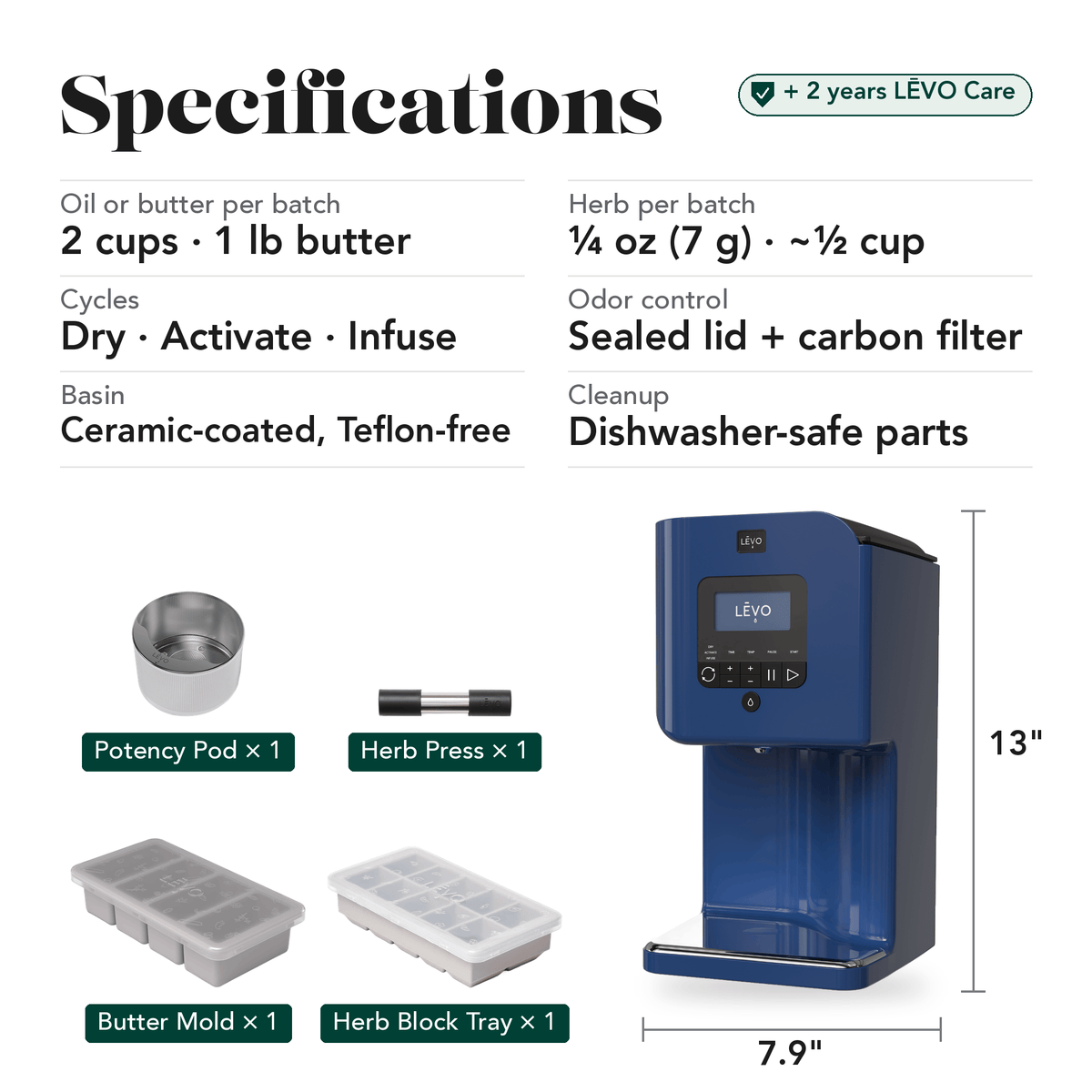 LĒVO II+ Core Bundle in Pacific Blue specifications, contents and machine dimensions