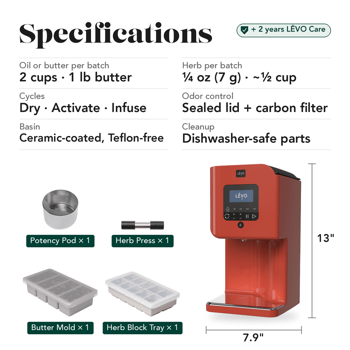 LĒVO II+ Core Bundle in Paprika Red specifications, contents and machine dimensions