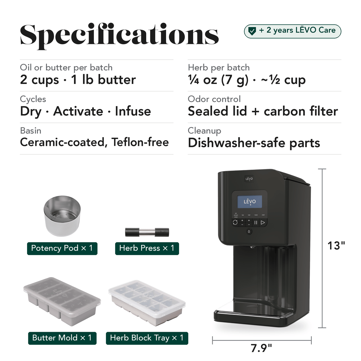 LĒVO II+ Core Bundle in Truffle Grey specifications, contents and machine dimensions