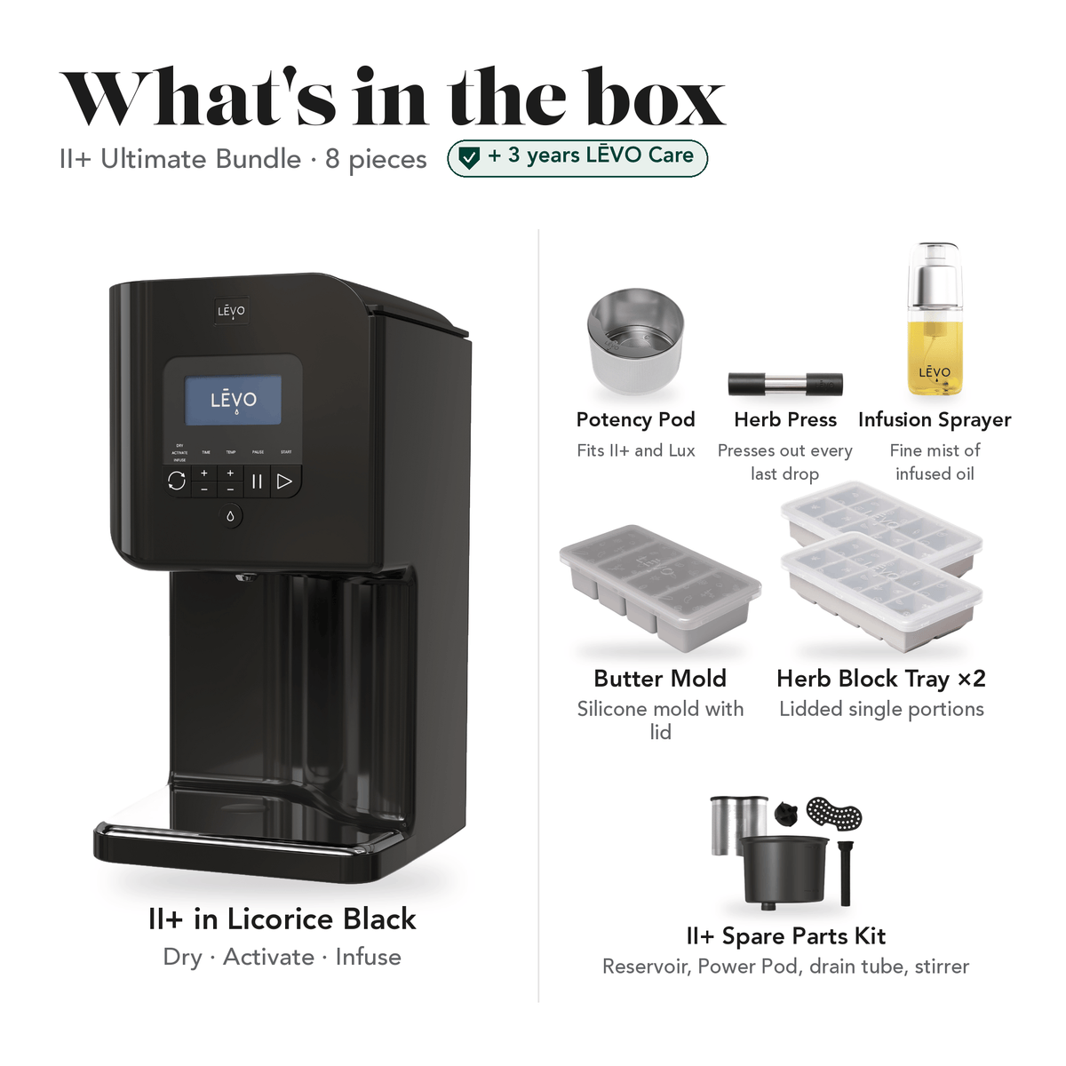 LĒVO II+ Ultimate Bundle in Licorice Black: what's in the box, 8 pieces: LĒVO II+, Potency Pod, Herb Press, Silicone Butter Mold, two Herb Block Trays, Infusion Sprayer and II+ Spare Parts Kit, plus 3 years of LĒVO Care #LĒVO II+ — Color_Licorice Black