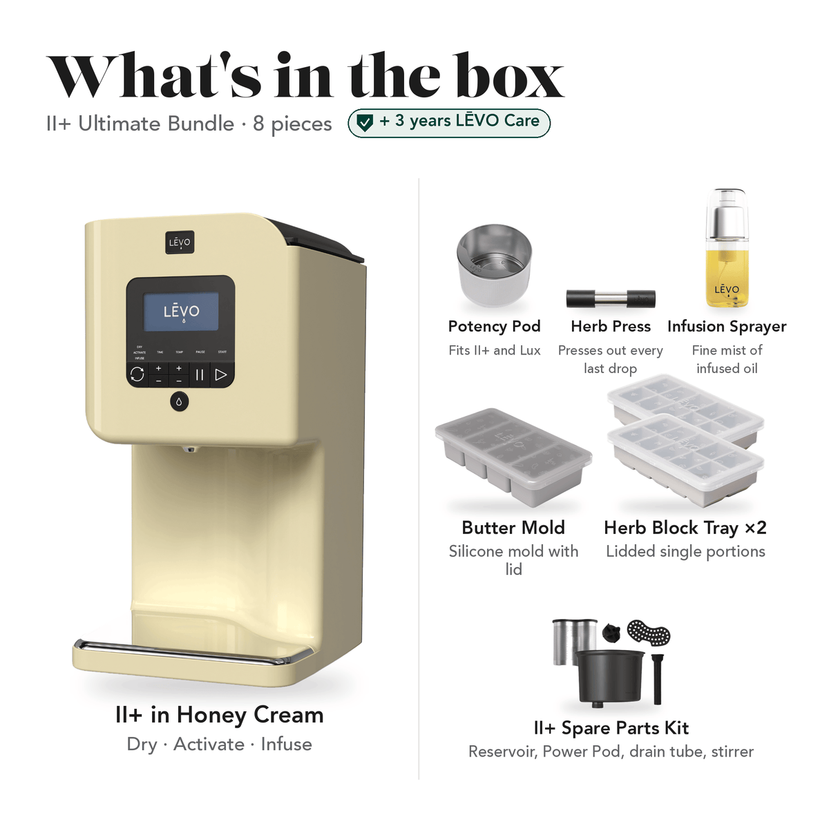 LĒVO II+ Ultimate Bundle in Honey Cream: what's in the box, 8 pieces: LĒVO II+, Potency Pod, Herb Press, Silicone Butter Mold, two Herb Block Trays, Infusion Sprayer and II+ Spare Parts Kit, plus 3 years of LĒVO Care