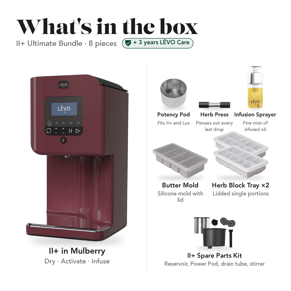 LĒVO II+ Ultimate Bundle in Mulberry: what's in the box, 8 pieces: LĒVO II+, Potency Pod, Herb Press, Silicone Butter Mold, two Herb Block Trays, Infusion Sprayer and II+ Spare Parts Kit, plus 3 years of LĒVO Care