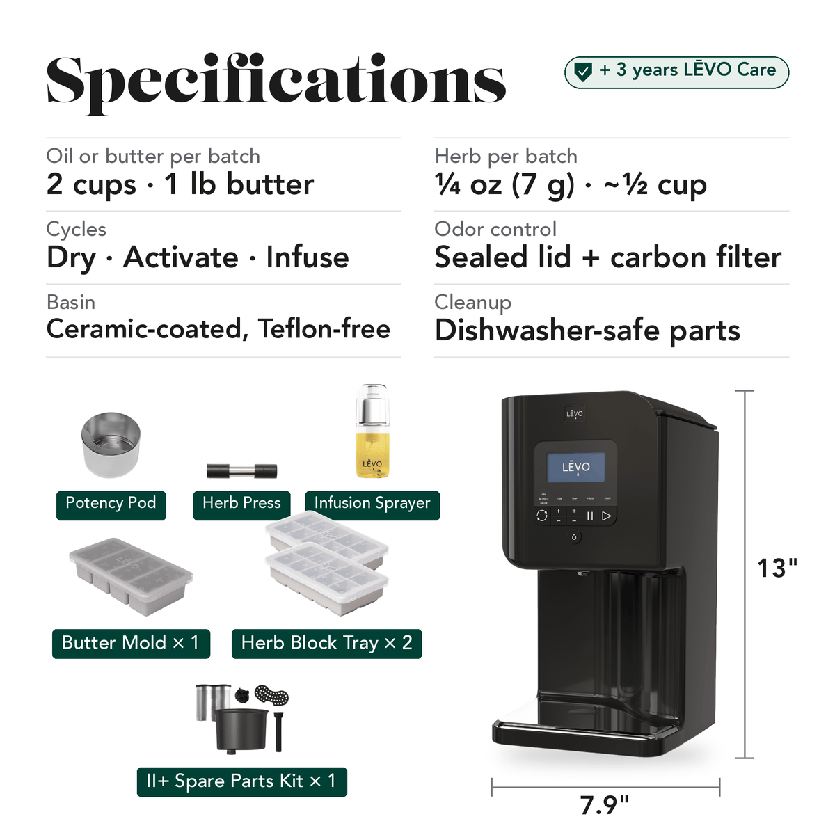 LĒVO II+ Ultimate Bundle in Licorice Black specifications, contents and machine dimensions
