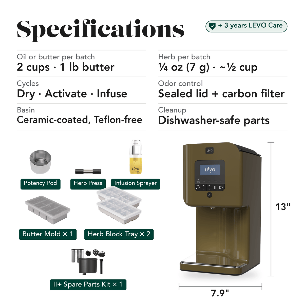 LĒVO II+ Ultimate Bundle in Chestnut Brown specifications, contents and machine dimensions