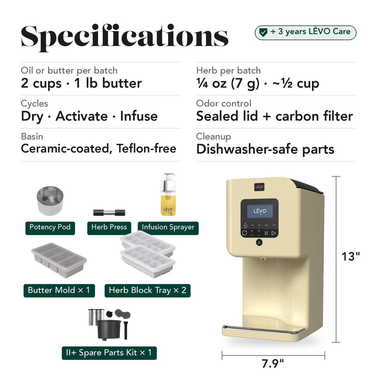 LĒVO II+ Ultimate Bundle in Honey Cream specifications, contents and machine dimensions