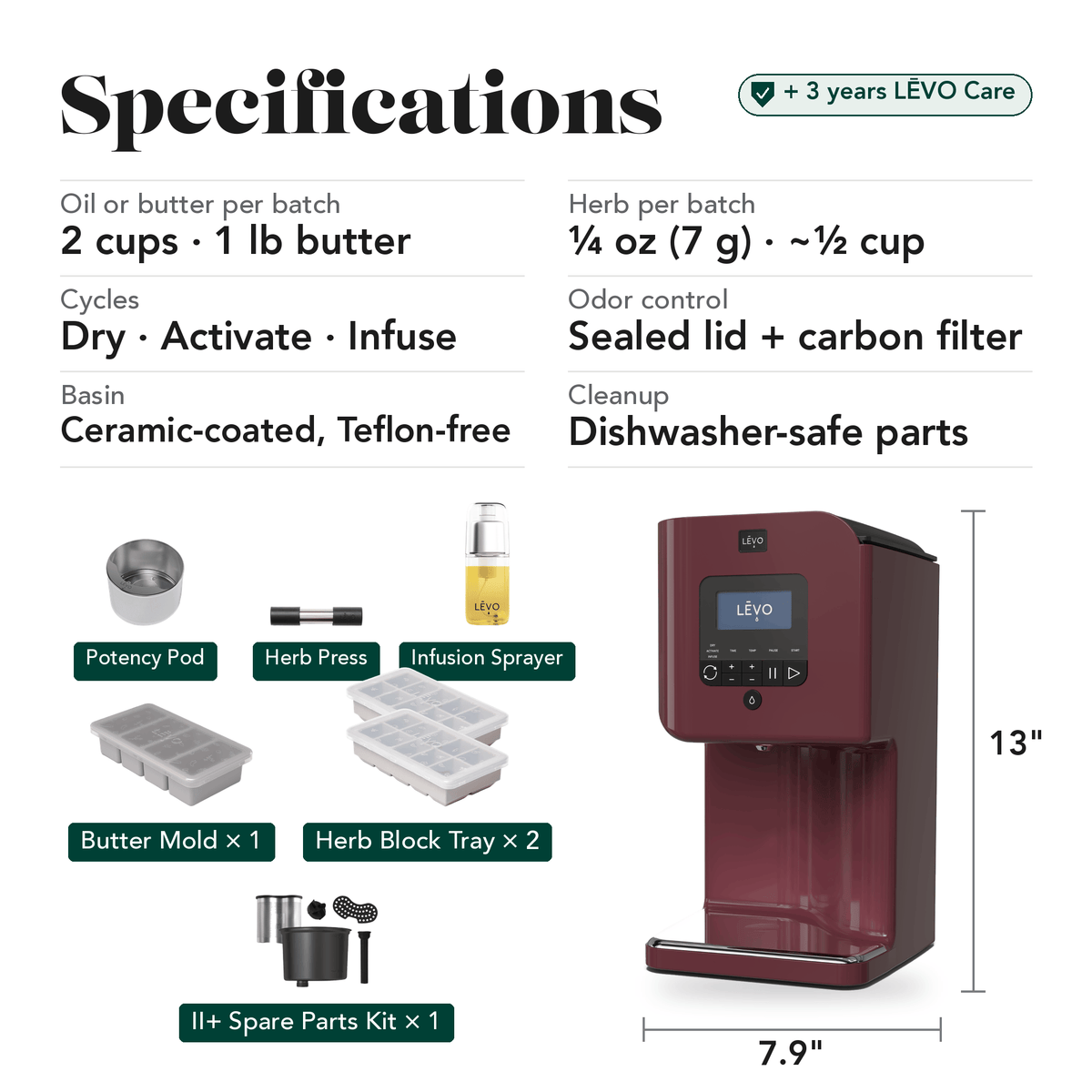 LĒVO II+ Ultimate Bundle in Mulberry specifications, contents and machine dimensions